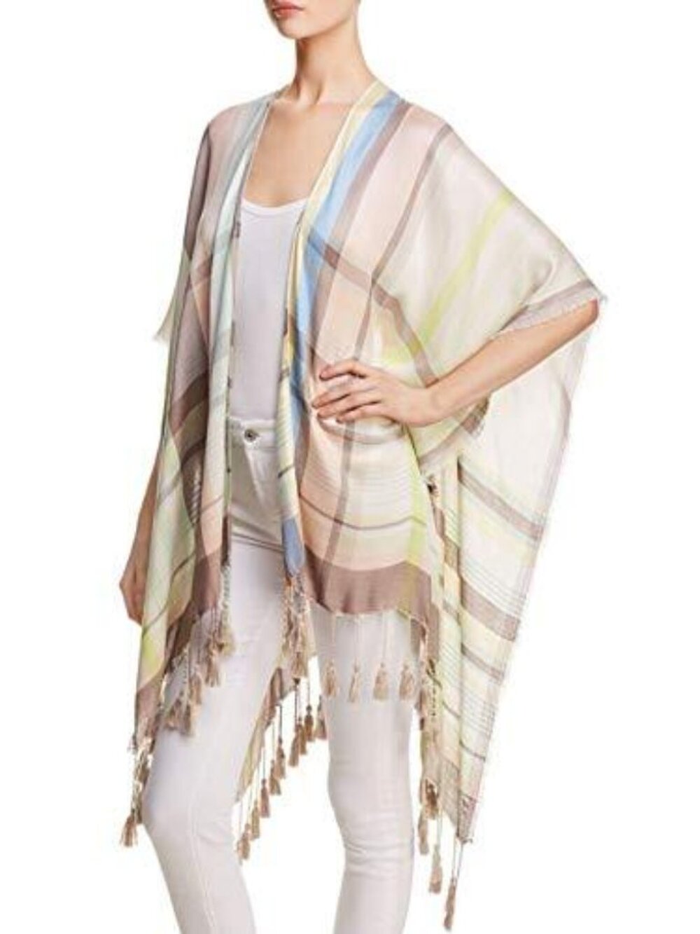 Echo Design Womens Marina Reversible Plaid Tassel Ruana Wrap